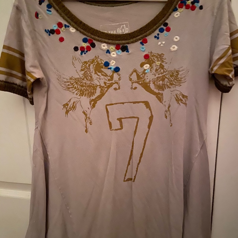 Pegasus embroidered #7 Free People, unique long cuffed tee.
